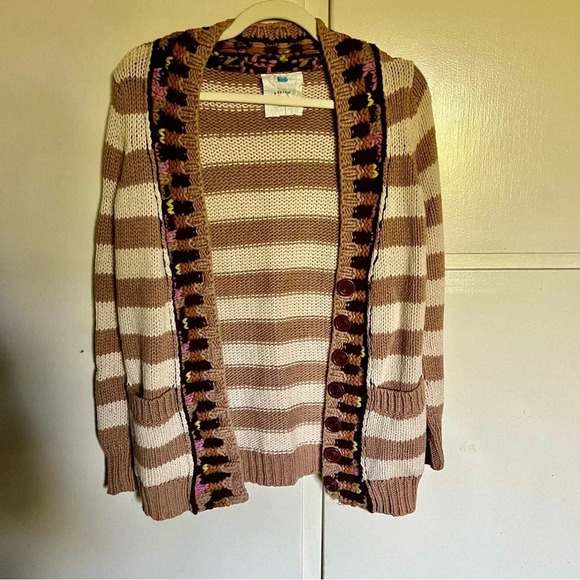 Anthropologie Sparrow Beige Striped Cardigan Size Small - Picture 2 of 10